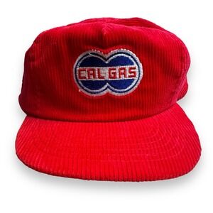 Vintage Cal Gas Double-Circle Logo Red Corduroy Trucker Hat Cap SnapBack‎